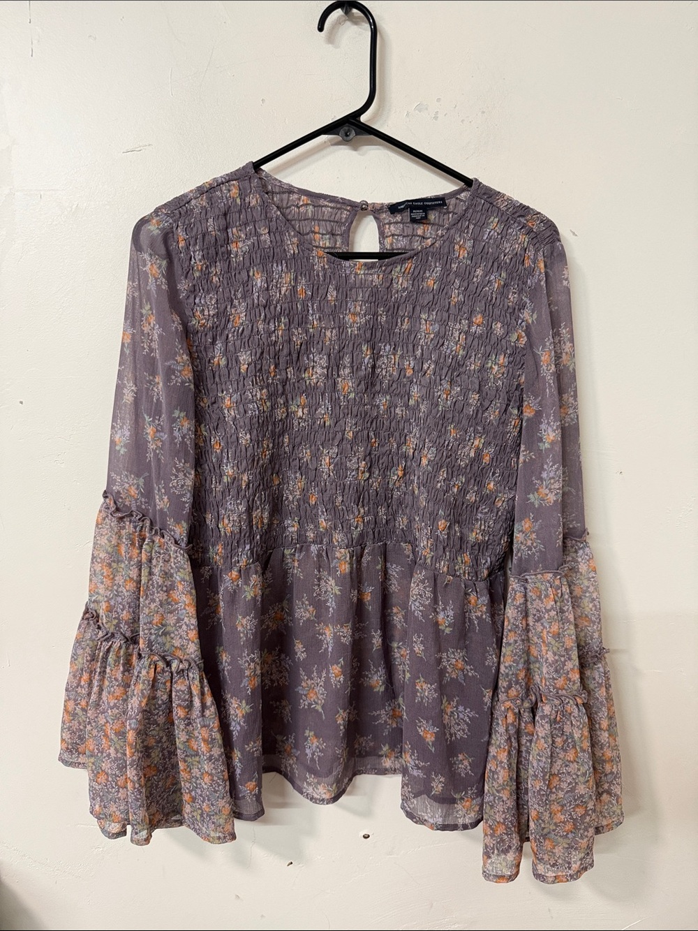 American Eagle Outfitters Lavender Floral Smocked Peasant Top 2017